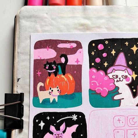 Posca Art Doodle, Color Concept, Acrylic Markers, Cute Guinea Pigs, Halloween Artwork, Cat Costume, Halloween Illustration, Halloween Drawings, Cat Costumes