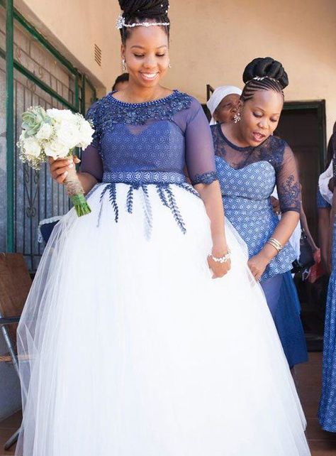 African Wedding Outfits Tswana Traditional Attire, African Bridesmaids, South African Traditional Dresses, African Traditional Wedding Dress, Shweshwe Dresses, African Wedding Attire, South African Weddings, African Bride, African Traditional Wedding