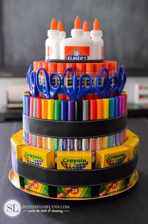 School Supply Cake, School Supplies Cake, Teacher Cakes, Tower Cake, Art School Supplies, Appreciation Gifts Diy, Teacher Appreciation Gifts Diy, Edible Cake Decorations, Teacher Craft