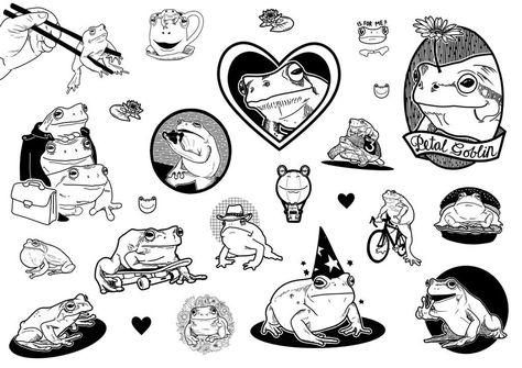 Matching Tattoos Flash Sheet, Frog Tattoo Flash Sheet, Lil Frog Tattoo, Cute Tattoo Flash Sheet, Matching Frog Tattoos For Best Friends, Funny Flash Tattoo Ideas, Fun Flash Tattoo, Tattoo Sheets Drawings, Frog Tattoo Cute