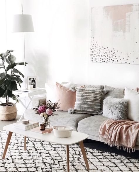 Pink Grey And White Living Room, Grey Sofa Living Room Decor, Grey And White Living Room, Statement Rugs, Grey Sofa Living Room, Grey Sofa, Sofa Living Room, Living Room Scandinavian, Neutral Living Room