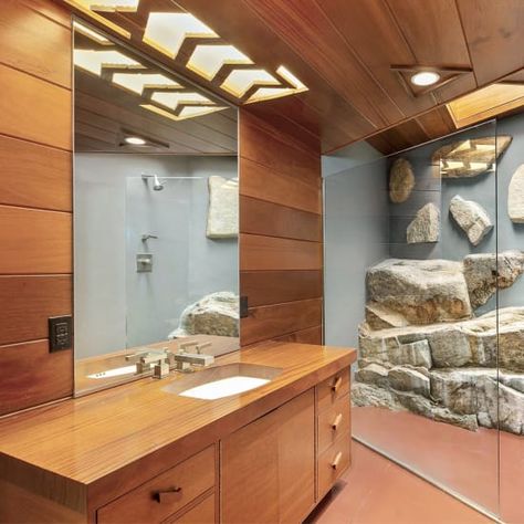 This Private Island Comes With Two Frank Lloyd Wright Homes Skylight Covering, Frank Lloyd Wright Homes, Double Sided Fireplace, Built In Furniture, Best Bath, Frank Lloyd, Private Island, Lloyd Wright, Frank Lloyd Wright