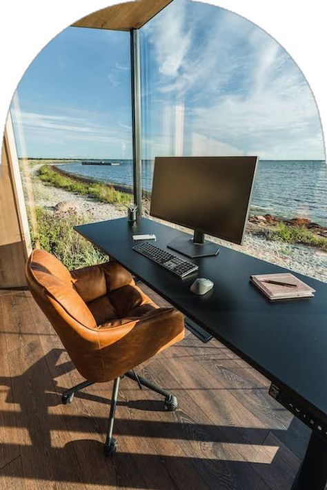 Office Room With Window, Office With Beach View, Home Office With View, Home Office Big Windows, Office Window Design, Office With View, Tiny Home Office Ideas, Prefab Office, Office Feature Wall