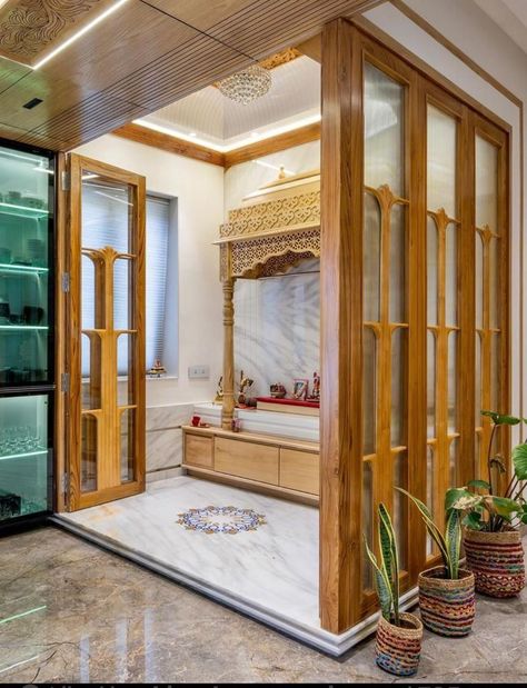 Mandir In House Puja Room, Puja Corner In Living Room, Dev Ghar Design In Hall, Indian Pooja Room Ideas, Pooja Room Design Small Spaces, Pooja Room Design Indian, Temple Room Interiors, Wooden Pooja Room, House Mandir