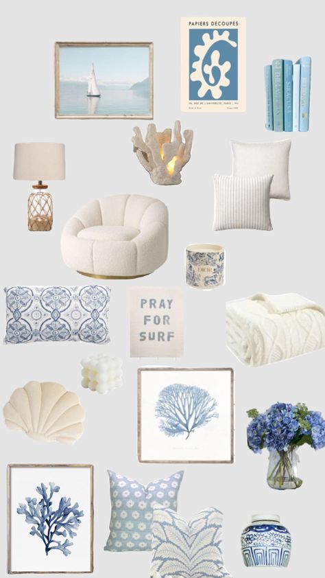 Bedroom Ideas Shuffle, Ocean Theme Living Room Home Decor, Blue Themed Room Ideas, Room Ideas Costal Grandaughter, Coastal Grandmother Room Decor, Coastal Room Decor Bedroom, Costal Granddaughter Aesthic Room Ideas, Blue Beach Room Aesthetic, Coastal Room Inspiration