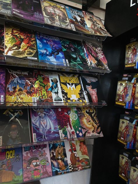 Comic Book Store Aesthetic, Comic Book Halloween, Geek Aesthetic, Mixed Aesthetic, Comic Storage, Comic Aesthetic, Comic Book Writing, Aesthetic Store, Nerd Aesthetic