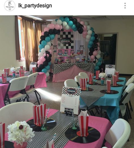 1950 Sock Hop Inspired Engagement Party 1950s Decorations, 1950s Party Ideas, 50s Party Decorations, Disco Ideas, 1950s Theme Party, Grease Themed Parties, Grease Theme, 50s Sock Hop, Grease Party