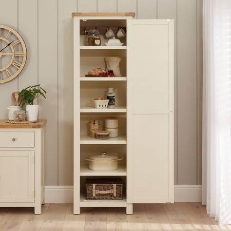 Hanging Cups, Kitchen Pantry Cupboard, Shoe Cupboard, Pantry Cupboard, Linen Cupboard, Cream Paint, Shaker Kitchen, Open Shelf, Cupboard Storage