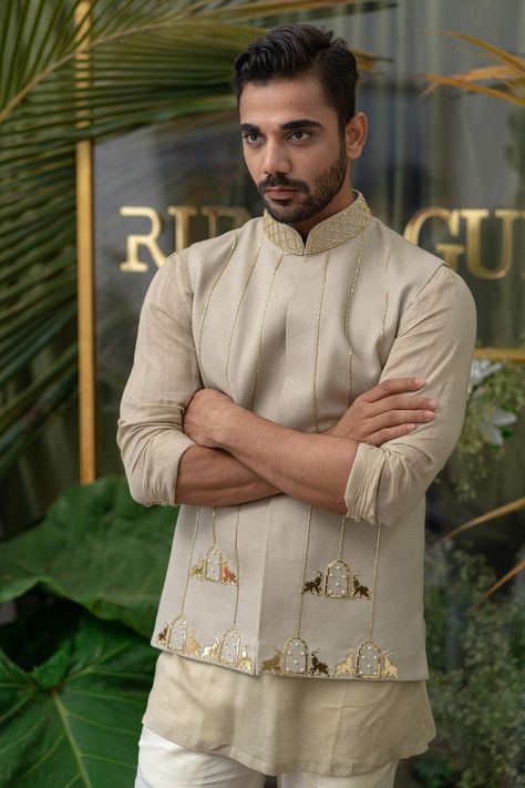 Buy Runit Gupta Grey Cotton Linen Embroidered Bundi Online | Aza Fashions Runit Gupta, Streetwear Jeans Men, Indian Wedding Suits Men, Latest Kurta Designs, Plain Kurta, Beige Kurta, Indian Wedding Clothes For Men, Wedding Kurta For Men, Wedding Outfits For Groom