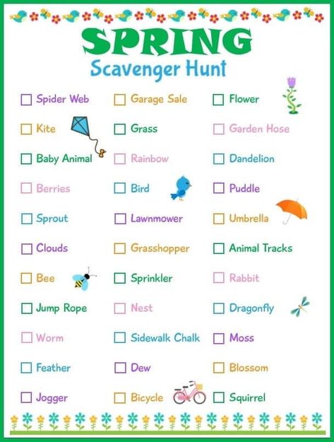 This printable spring scavenger hunt is a fun way to motivate the kids to get out and explore. The list is full of items kids can find around the neighborhood. The spring scavenger hunt is easy to use. You simply search for the items on the list and check them off as you find them. There are several ways to make the hunt more fun, like taking photos, making it a contest, getting prizes, and doing the hunt on a road trip. Summer Scavenger Hunt, Spring Scavenger Hunt, Printable Scavenger Hunt, Rabbit Jumping, Age Appropriate Chores, Spring Printables, Scavenger Hunt For Kids, Quality Family Time, Animal Tracks