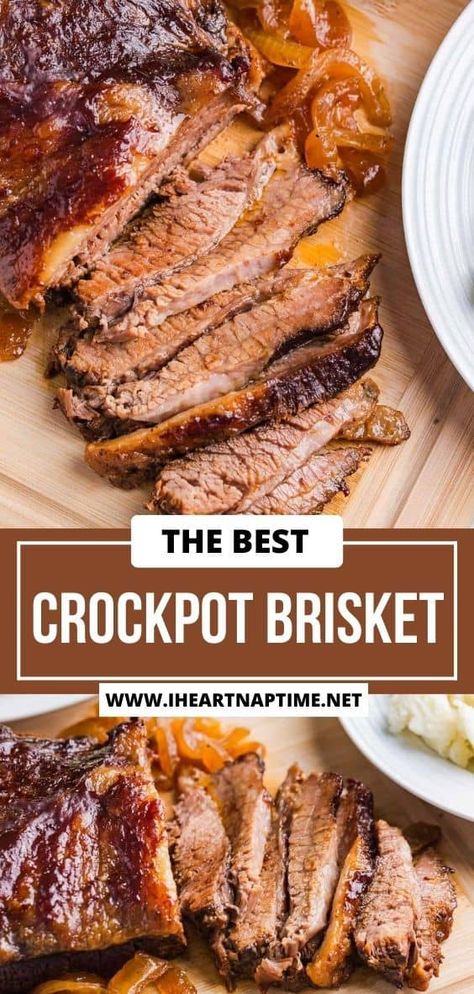 This crockpot brisket recipe is fall-apart tender with crispy caramelized edges smothered in tangy BBQ sauce! Pile high on a bun or serve with mashed potatoes. Brisket In Crockpot Recipes, Braised Brisket Crockpot, Dr Pepper Brisket Crock Pot, Flat Brisket Recipes, Crockpot Brisket Recipes, Crock Pot Brisket, Beef Brisket Crock Pot, Crockpot Brisket, Brisket Recipes Crockpot