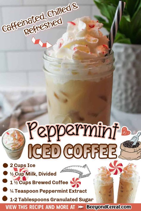 Peppermint Mocha Iced Coffee Recipe, Christmas Coffee Flavor Ideas, Peppermint Coffee Drinks, Christmas Iced Coffee Recipes, Iced Peppermint Mocha Recipe, Peppermint Iced Coffee, Peppermint Mocha Iced Coffee, Coffee Ideas Recipes, Frozen Coffee Drinks Recipes