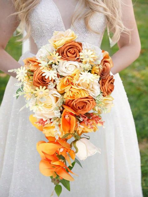 18in Fall Cascading Bouquet Burnt Orange Wedding Bouquets For Bride Terracotta Cascade Wedding Bouquet For Ceremony And Anniversary For Wedding Decoration, Valentine's Day Decor, Birthday Decor, Anniversary Decor, Holiday Decor, Graduation Decoration, Party Decor Spring Flowers, Spring Decorations For Home Burnt Orange         Home Decor, size features are:Bust: ,Length: ,Sleeve Length: Spring Terracotta Wedding, Burnt Orange And Yellow Wedding, Cascade Wedding Bouquet, Orange Wedding Ideas, Silk Flower Decor, Orange Wedding Decorations, Orange Wedding Bouquet, Yellow Wedding Bouquet, Burnt Orange Wedding