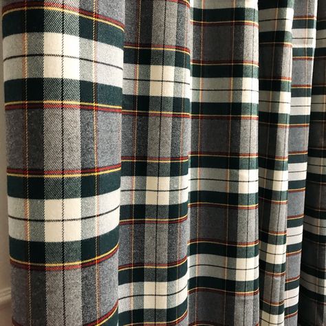 "Make Your Place Preciously With Modern Vintage Grey Dark Green Tartan Plaid Pattern Curtain Brushed Cotton Drapery Panel for Living Room and Bedroom.  Beautiful patterned curtain made from Cotton and Wool Blended Fabric. Enhance the look of your room decor by dressing your windows in this fabric and design.  Colorful curtains for bedrooms filled with fun. The Title \"VINTAGE\" refers to a MODERN VINTAGE LOOK, which means that vintage mood patterns stand out and give a natural and comfortable fe Cabin Window Treatments Living Room, Tartan Curtains Living Room, Plaid Curtains Living Room, Green Plaid Curtains, Masculine Curtains, Plaid Lamp Shade, Plaid Couch, Mood Patterns, Tartan Curtains