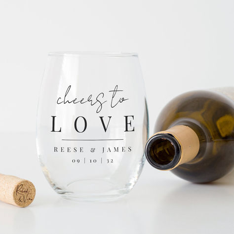 A beautiful minimalist typography based wedding design featuring "cheers to love" and your names and wedding date in an elegant combo of handwritten script and classic serif lettering. Wine Glass Wedding Favors, Glass Wedding Favors, Serif Lettering, Wine Glass Wedding, Minimalist Typography, Glass Wedding, Vine Design, Love Wedding, Wedding Date