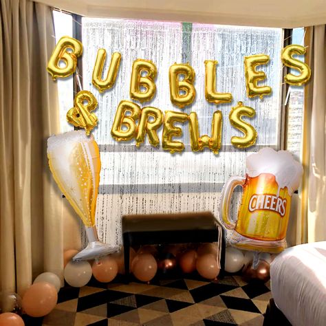 PRICES MAY VARY. Our Bubbles And Brews Backdrop will bring dreamy and beautiful embellishment to your party. Through simple assembly, and hanging the photo to complete a most gorgeous background wall. Our Beers Engagement Couples Shower Bachelorette Decoration will bring unparalleled joy and the most beautiful moments to your family and friends. What you will receive: 1 x Bubbles & Brews letter balloon,1 x cup balloon, 1 x beer balloon, 1 x sliver curtain. If you receive any product not please y Stock The Bar Engagement Party Ideas, Love Is Brewing Bridal Shower Theme, Jack And Jill Bachelor Party Ideas, Stock The Bar Party Ideas Decorations, Stock The Bar Party Decorations, Bubbles And Brews Couples Shower Ideas, Couple Shower Themes, Bubbles And Brews Engagement Party, Couples Wedding Shower Decorations