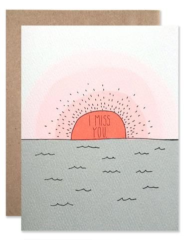 Red sunset over a gray water. I miss you written in the sun. Illustrated by Hartland Brooklyn I Miss You Cute, Apothecary Products, I Miss You Card, Diy Anniversary, Miss You Cards, Red Sunset, Love And Friendship, Paint Cards, Gifts Jewelry