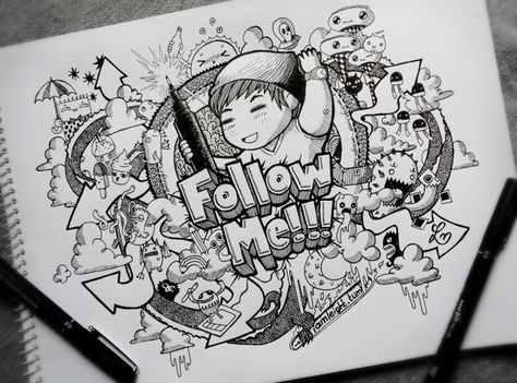 Follow Me by Lei Melendres, via @Behance Lei Melendres, Doodle Art Name, Doodle Name, Alice In Wonderland Artwork, Calligraphy Doodles, Fairy Drawings, Graffiti Doodles, Doodle Art Drawing, Doodle Inspiration