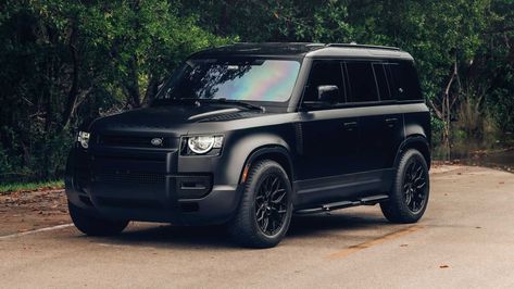 Vossen puts a set of its HF-2 wheels onto a black Land Rover Defender 110 to show how good the new model can look with a monochromatic aesthetic. Range Rover Defender, Matte Black Wrap, New Land Rover Defender, Range Rover Black, Land Rover Car, Hybrid Cars, Cars Suv, New Defender, Land Rover Defender 110