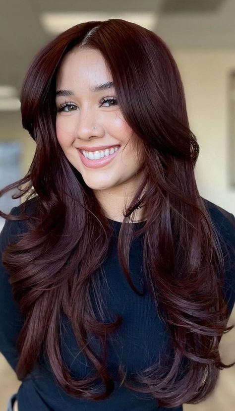 Dark Red Hair Ideas For Brunettes, Pelo Color Caoba, Pelo Color Vino, Hair Burgundy, Wine Hair Color, Dark Fall Hair, Mom Hair, Red Balayage, Plum Hair