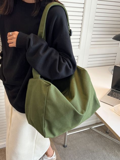 Army Green Fashionable   Canvas Plain  Embellished   Women Bags Green Bag Outfit, Army Green Bag, Outfit Korean, Casual Tote Bag, Bag Outfit, Brown Coat, Crossbody Bag Women, Casual Tote, Cool Names