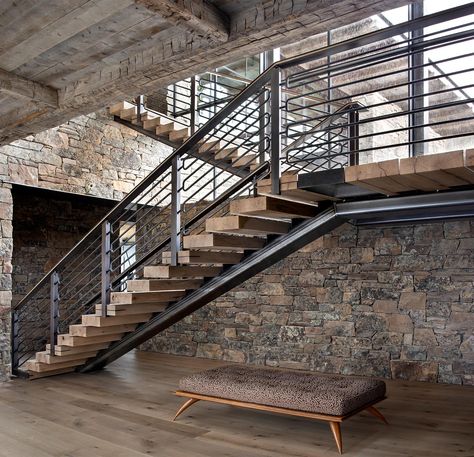 Mountain Home Staircase, Stone Wall Stairs Interior, Mountain Staircase, Stairs Stone Design Modern, Wood Stone Metal Interior Design, Pearson Design Group, Mountain House Interior, Rustic Staircase, Mountain Home Interiors