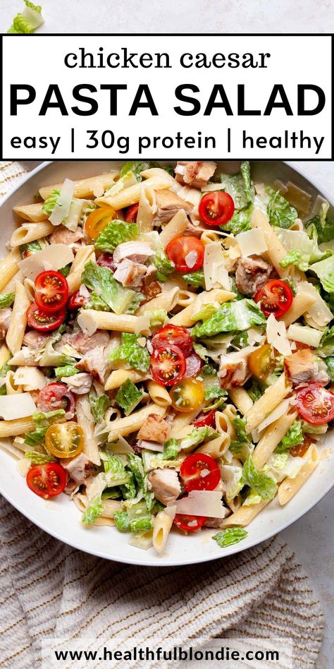 This high-protein chicken Caesar pasta salad recipe is healthy, packed with 30 grams of protein, and tossed in a low-fat Greek yogurt dressing without anchovies or mayo. You can use grilled, baked, or rotisserie chicken. An easy under 30-minute meal prep lunch and weeknight dinner. High Protein Chicken Caesar Salad, Pesto Pasta Chicken Caesar Salad, Chicken Ceasar Salad Pasta Salad, High Protein Ceaser Salad, Healthy Chicken Caesar Pasta Salad, Chicken Caesar Pasta Salad Meal Prep, Low Calorie Chicken Pasta Salad, Meal Prep Ceaser Salad, High Protein Caesar Salad