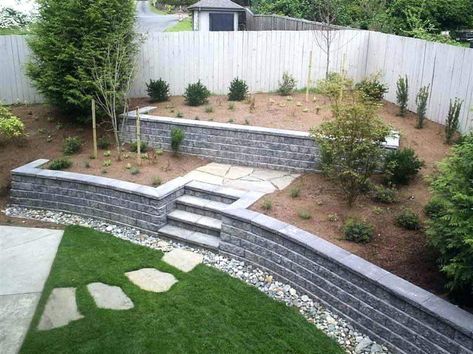 concrete retaining walls cinder block wall ideas Cinder Block Retaining Wall, Sloping Gardens, Cheap Retaining Wall, Block Retaining Wall, Diy Retaining Wall, Backyard Retaining Walls, Sloped Backyard Landscaping, Retaining Wall Blocks, Building A Retaining Wall