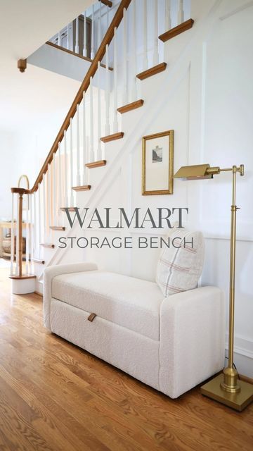 Stefana Silber on Instagram: "High sell out risk at this must have price! Storage benches with this style are hard to find. Check my link in bio to shop or ✨Comment STORAGE BENCH and I’ll send you the link

#walmartfinds #walmartpartner #walmarthome #bedroombench #bedroomstyling #hallwaydecor #hallwayinspo" Bench By Stairs, Rustoleum Floor Paint, Painting Stairs, Oak Floor Stains, Wood Flooring Options, Walmart Home Decor, Red Oak Hardwood Floors, Red Oak Floors, Red Oak Hardwood