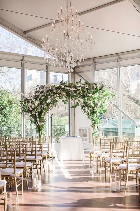 Tavern On The Green Wedding, Wedding Ceremony Altar, Ceremony Altar, Tavern On The Green, Floral Design Ideas, Manhattan Wedding, Ceremony Chairs, Dining Room Windows, Park Restaurant