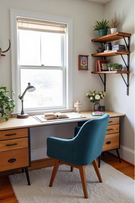 Stylish apartment home office nook with repurposed desk and vintage chair Living Room With Office, Small Living Room Office, Stylish Apartment Decor, Home Office Nook, Repurposed Desk, Chic Home Office, Productive Workspace, Stylish Home Office, Studio Layout