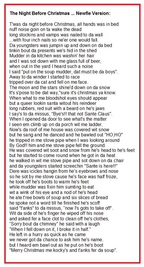 The Night Before Christmas - Newfie Version Funny Night Before Christmas Poem, Newfoundland Sayings, Newfoundland Christmas, Funny Christmas Poems, Newfoundland Recipes, Newfoundland Travel, Newfoundland Canada, Canada Eh, Christmas Poems