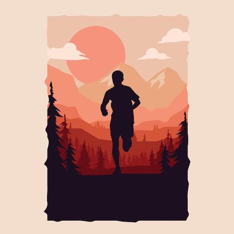 Runner Tattoo, Runner Silhouette, Running Drawing, Running Illustration, Running Tattoo, Running Art, Running Silhouette, Mountain Illustration, Marathon Runner