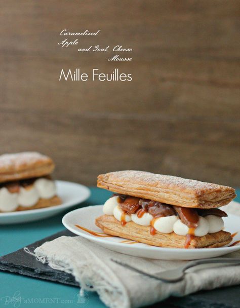 Caramelized Apple & Goat Cheese Mousse Mille Feuilles | Baking a Moment Stacked Desserts, Goat Cheese Dessert, Goat Cheese Mousse, Apple Goat Cheese, Canadian Recipes, Cheese Mousse, Canadian Dishes, Caramelized Apples, Caramelised Apples