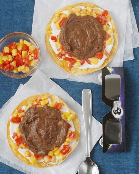 Total Solar Eclipse Tostadas by Alison's Allspice Solar Eclipse Menu Ideas, Solar Eclipse Breakfast Ideas, Total Solar Eclipse 2024 Party Food, Solar Eclipse Sweets, Solar Eclipse Party Food, Tortilla Pie, Eclipse Party, Red Jalapeno, Corn Salsa