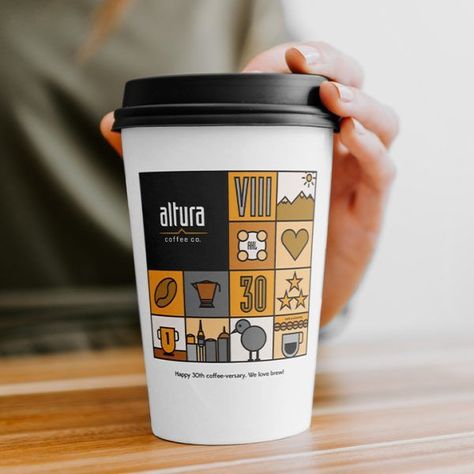 Altura Coffee reached out to the coffee fiends at @whiterabbitnz to create a special edition Coffee Cup design to celebrate their 30th anniversary in NZ. Fueled by many coffees a day, the design team were stoked to create custom illustrations representing Altura’s accolades and show off the uniqueness of this Kiwi brand in their celebratory design. Coffee Cup Design Art, Coffee Cup Illustration Design, Paper Coffee Cup Design Ideas, Coffee Cup Branding, Cafe Cup Design, Cup Designs Ideas, Mug Ideas Design, Cup Art Design, Cup Coffee Design