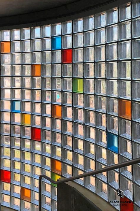 Create one-of-a-kind windows and walls by mixing our clear and colorful glass blocks! Let your creativity shine with endless design possibilities. 🌈✨ -- #glassblockwarehouse #glassblock #glassblockinspiration #glassblocks #homerenovation #CustomDesign #GlassBlockCreativity #UniqueSpaces Glass Block Architecture, Glass Block Partition, Coloured Glass Window, Glass Block Wall, Colored Glass Block, Window Renovation, Glass Blocks Wall, Window Inspiration, Glass Block Windows