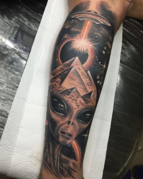 Egypt Tattoo Design, Inside Of Arm Tattoo, Pyramid Tattoo, Egyptian Eye Tattoos, Ufo Tattoo, Egyptian Tattoo Sleeve, Skull Hand Tattoo, Nature Tattoo Sleeve, Band Tattoos