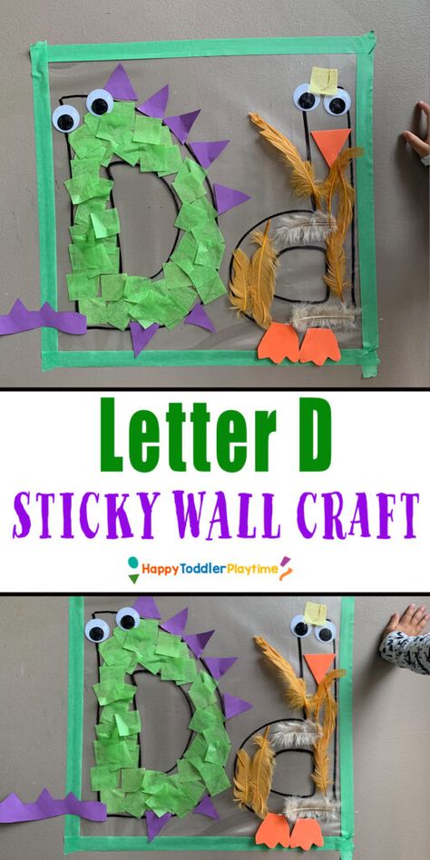 Letter D Sticky Wall Craft - Happy Toddler Playtime Letter D Activities For Preschool Crafts, Letter D For Preschoolers, D Crafts Preschool, D Is For Craft, Letter D Activities For Preschool, D For Dinosaur, Letter D Craft, Letter D Crafts, Sticky Wall