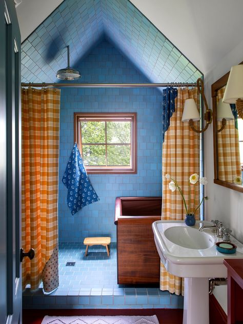 French Dining Chairs, Attic Bathroom, Blue Tiles, Fabric Shower Curtains, Blue Walls, Architectural Digest, House Inspo, Design Awards, Bathroom Interior