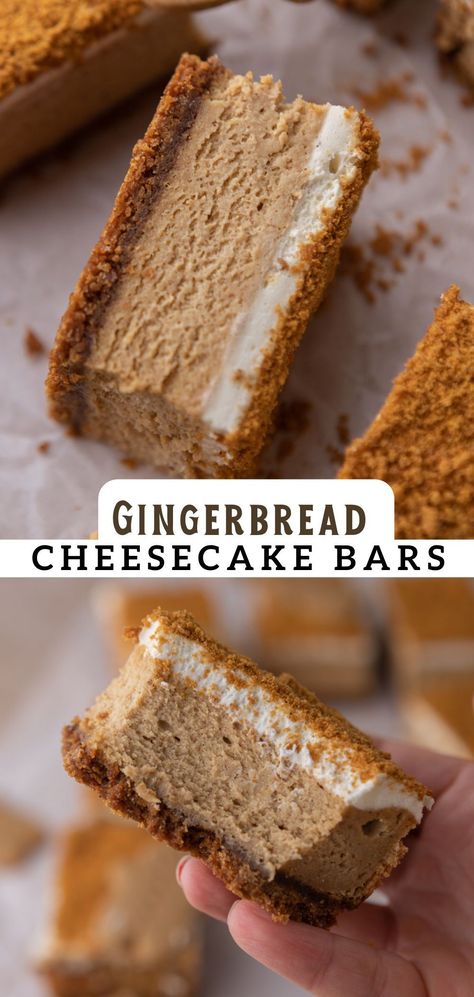 These gingerbread cheesecake bars are creamy, spiced, and a fun combination of two holiday favorite desserts. They are perfectly spiced with your favorite gingerbread flavors and will be the center piece a your holiday table this year! Follow along with this easy recipe to find out how to make it! Ginger Bread Cheesecake Recipes, Christmas Dessert Bars, Gingerbread Desserts, Gingerbread Dessert Recipes, Holiday Bars, Christmas Bars, Christmas Cheesecake Recipes, Gingerbread Cookie Bars, Gingerbread Dessert