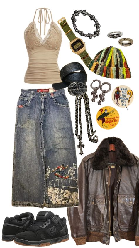 Outfit inspo, leather jacket, Harley Davidson, DC, scrap beanie, lace tanktop, baggy embroidered jeans, chrome cross, watch, vintage Harley Davidson Costume, Scrap Beanie, Outfit Inspo Leather Jacket, Embroidered Jeans Outfit, Chrome Cross, Harley Davidson Jeans, Watch Vintage, Embroidered Jeans, Lace Tank Top