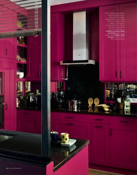 Bright Pink Kitchen Cabinets Painted in The Little Greene Mischief. Pink and black kitchen color scheme, bold kitchen colors. Red And Black Kitchen Ideas Modern, Dark Pink Kitchen Cabinets, Pink Black Kitchen, Tropigoth Decor, Dark Pink Kitchen, Pink And Black Kitchen, Hot Pink Kitchen, Magenta Kitchen, Pink Kitchen Cabinets