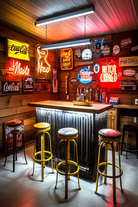 Rustic bar corner with various neon signs and brand logos, paired with high stools. Garage Man Cave Ideas, Garage Bar Ideas, Casa Garage, Garage Game Rooms, Bar Deco, Man Cave Shed, Man Cave Ideas, Bar Shed, Home Bar Rooms