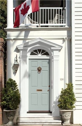 Benjamin Moore Beach Glass, Benjamin Moore Green, Benjamin Moore Blue, Benjamin Moore Exterior, Wythe Blue, Yellow Front Doors, Blue Front Door, Front Door Paint Colors, Color Combinations Paint