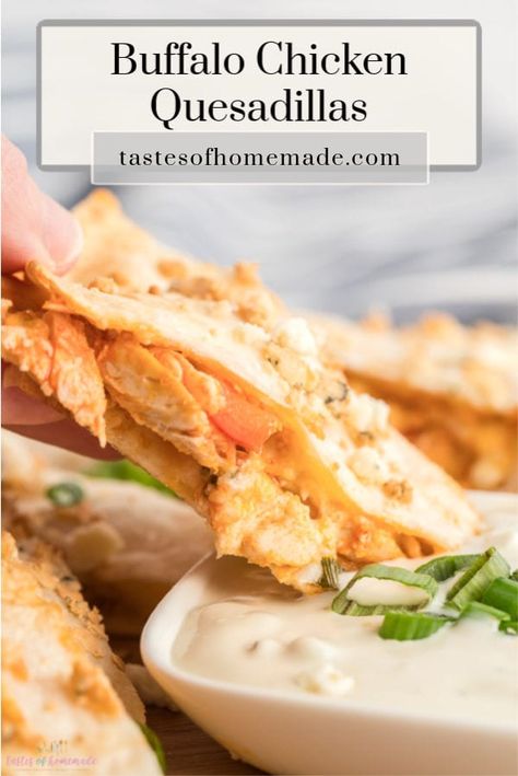 Sheet pan buffalo chicken quesadillas are quick and easy to make, ready in less than 30 minutes. Tortillas are filled with chicken, franks red hot sauce, blue cheese, and veggies then baked in the oven until crispy. Served with blue cheese dip or ranch dressing, these quesadillas are perfect for dinner and make great snacks or appetizers. Perfect for a party platter. #quesadilla #hotsauce #buffalochicken #chicken #easy #spicy #snack #quickmeals Sheet Pan Buffalo Chicken, Buffalo Chicken Dip Oven, Chicken Franks, Buffalo Chicken Quesadilla, Chicken Buffalo, Buffalo Chicken Dip Easy, Spicy Buffalo Chicken, Easy Buffalo Chicken, Dip Easy