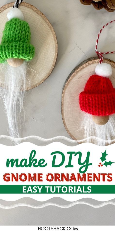 DIY gnome ornaments on wood slices.  Text reads "Make DIY gnome ornaments easy tutorials". Gnome Bottle Topper Diy, Wine Cork Gnomes Diy, Gnome Magnets Diy, How To Make A Gnome, Gnome Garland Diy, Gnome Christmas Ornaments Diy, Diy Gnome Ornaments, Diy Christmas Gnomes, Making Gnomes