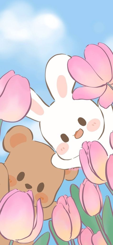 Cute Bear Wallpaper Korean Pink, Bear And Bunny, Rabbit Wallpaper, Wallpaper Iphone Lucu, Cute Bunny Cartoon, Cocoppa Wallpaper, Easter Wallpaper, Bunny Wallpaper, Bunny And Bear