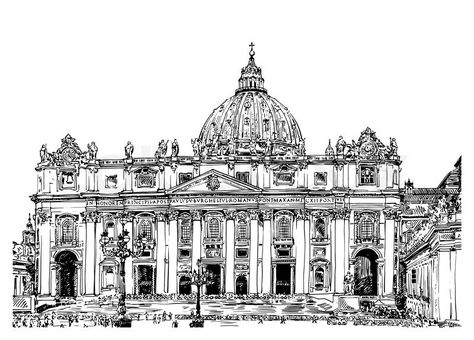 Stock vector of 'St. Peter's Cathedral, Rome, Vatican, Italy. Hand drawing isolated on white background. Saint Pietro Basilica, vector illustration' St Peter's Basilica Sketch, Italy Sketches, Architecture Perspective, St Peters Cathedral, Rome Vatican, Building Sketch, St Peters Basilica, St Peters, Architecture People