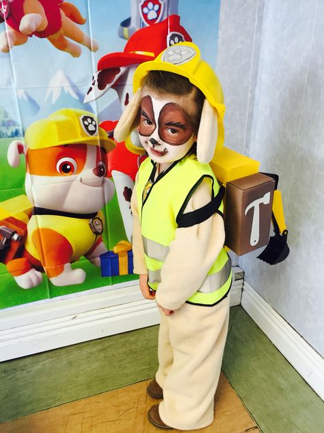 DIY Paw Patrol Rubble costume!                                                                                                                                                      More Diy Rubble Costume, Diy Rubble Costume Paw Patrol, Diy Paw Patrol Costume, Rubble Halloween Costume, Rubble Paw Patrol Costume, Paw Patrol Dress Up, Paw Patrol Kostüm, Rubble Costume, Paw Patrol Halloween Costume